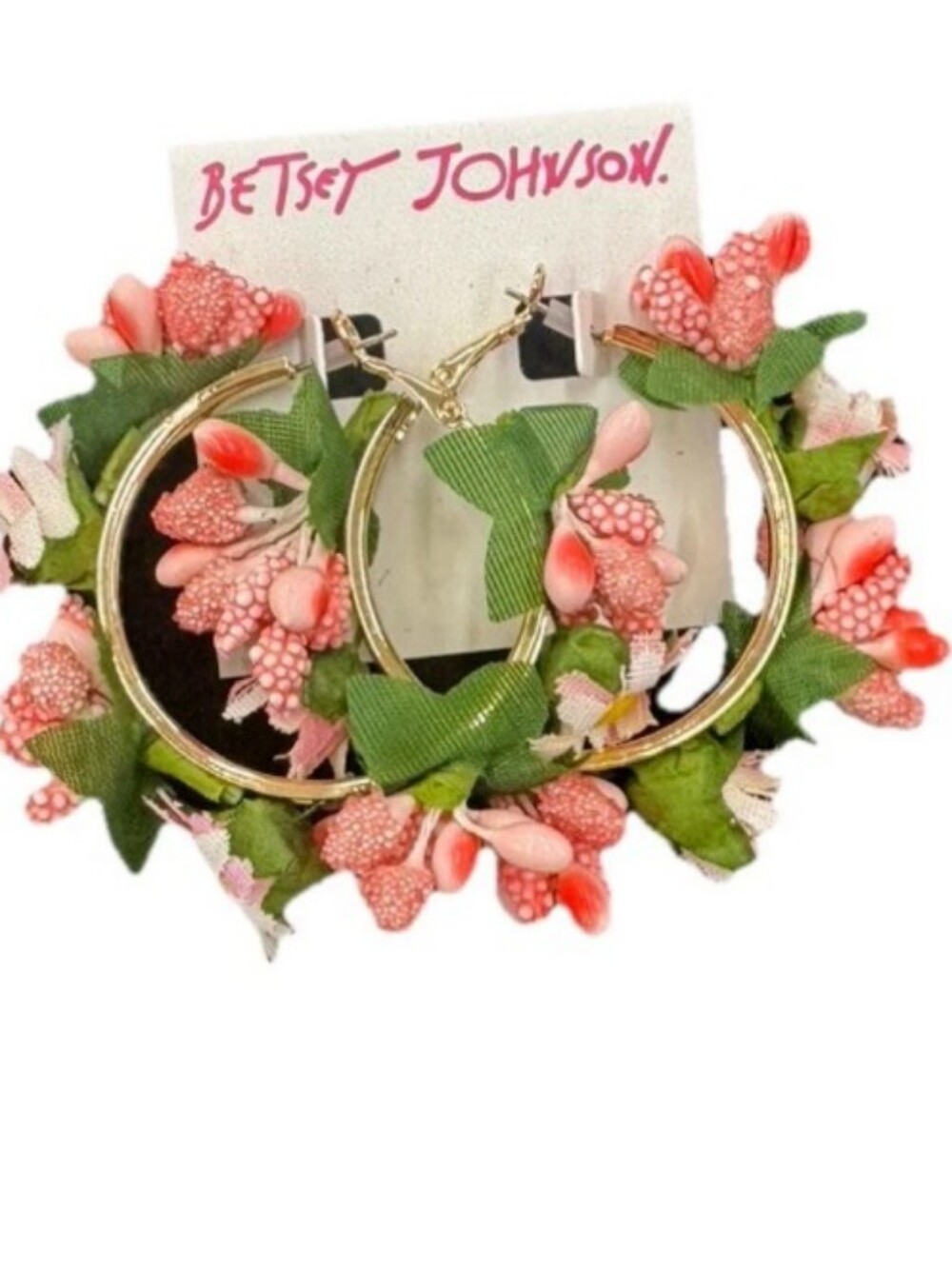 Betsey Johnson Gold Hoop Earrings with Pink and Green Floral Accents